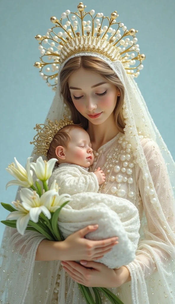 virgin Mary cheek to cheek the baby Jesus. She is dressed in a plain blue and white robe, a light veil covers her hair. heaven background. each have a bright halo , mary has a large crown on top of her head