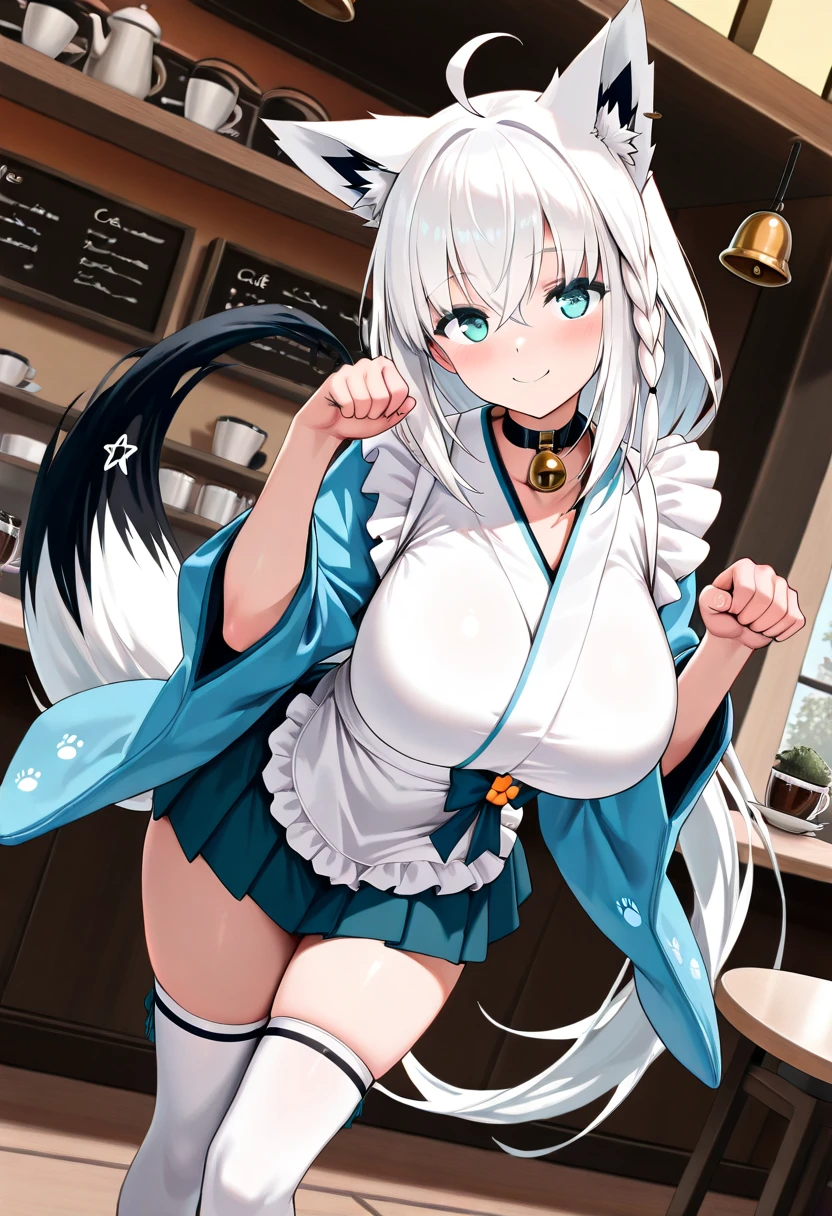 (top-quality、in 8K、32K、masterpiece、UHD、超A high resolution、19 years old, large breasts, triple D cup breasts, round buttocks, bubbly buttocks, wide hips, bubbly ass, fit and strong, slender body,
、Photorealsitic、profetional lighting:1.2)、From below、detailed faces and eyes、Realistic eyes、Sharp pupils、Full body, (a bar counter、shop front:1.4)、beauitful face、blurry backround、shinny skin, (1The fox tail of the book grows:1.4)、Beautiful silver hair、short-hair、(poneyTail:1.2)、Deep green eyes、Fox ears、hair adornments、kindly smile、Naughty open-mouthed smile、Curve、(Sky Blue Costume、Playboy Bunny Girl:1.2)、Blue high-cut leotard、Wearing fishnet stockings、White cuffs、a bow tie、Holding a tray of alcohol、