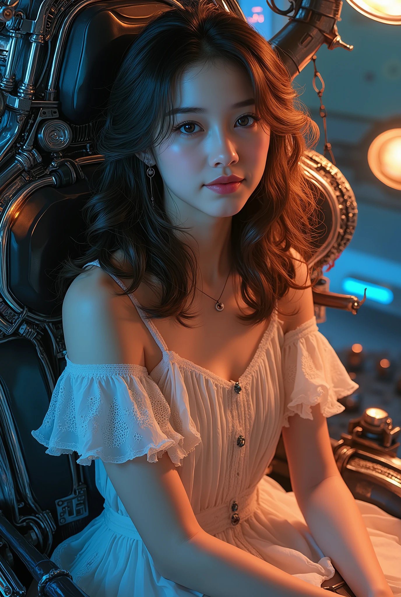 highly detailed, 8k, masterpiece, One girl, brown frills_hair_tube, dress, bend_that's all , Grin, (perfection_face), Sitting, machine, Brilliant, Complex, Dramatic lighting, 4K, detailed_background, Caustics, full_body, (Surreal:1.3), bloom,(Beautiful lighting:1.3), Caustics, Dynamic Lighting, Beautiful lighting, (Dakota Fanning:0.5), neon colored,