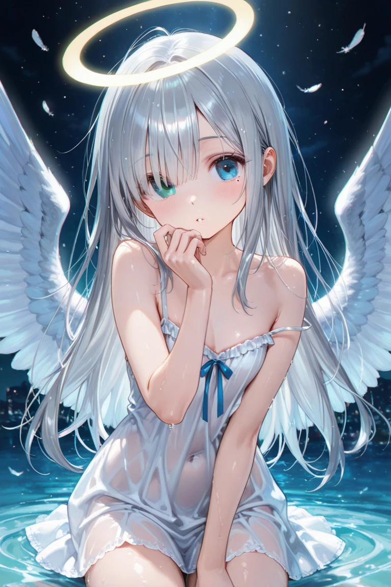 a beautiful angel with flowing white dress, wings spread, hand on hip, side view, (best quality,4k,8k,highres,masterpiece:1.2),ultra-detailed,(realistic,photorealistic,photo-realistic:1.37),HDR,UHD,studio lighting,extremely detailed face and eyes,delicate facial features,long eyelashes,smooth skin,intricate dress folds,glowing skin,angelic expression,sunlight streaming through clouds,simple background