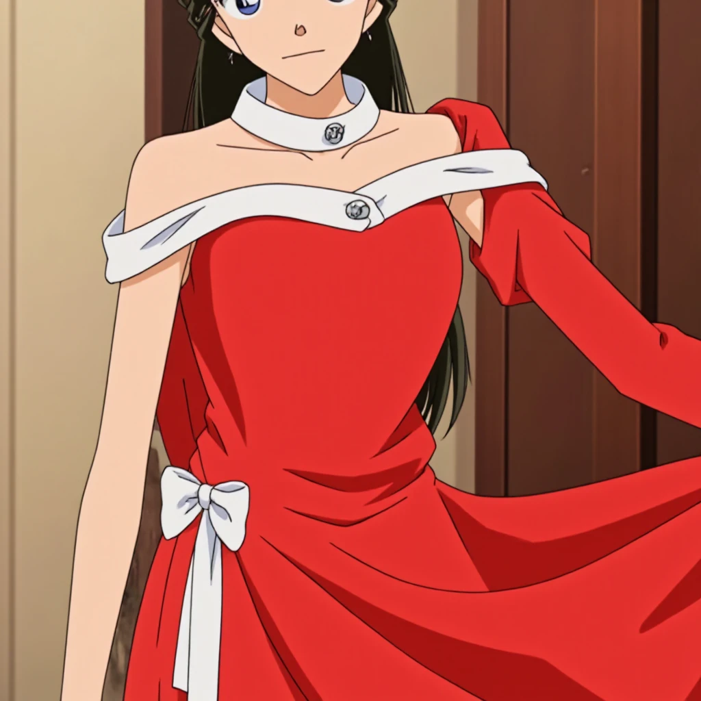 masterpiece, best quality, 1 solo girl, black hair, green eyes, long hair, wavy hair, Christmas ornaments, medium breasts, mature body and face, red santa dress, christmas, christmas light, christmas tree, red gloves, red santa skirt, holding gift, red bra, red panty, leg up, cowboy shots, sexy pose, dakimakura, ultra-detailed body, face, and eyes, sharp focus, vibrant, creative, dynamic, high definition, high resolution, 8k, (Upscale: R-ESRGAN 4x+ Anime6B), (Image enchance:4x), voluptuous body