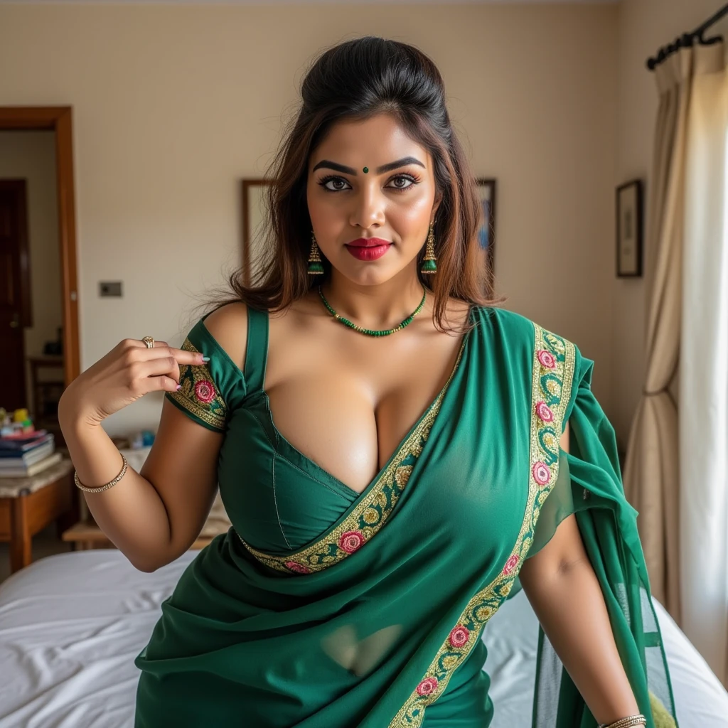 A beautiful curvy indian married woman with big wearing modern saree, CLEAVAGE