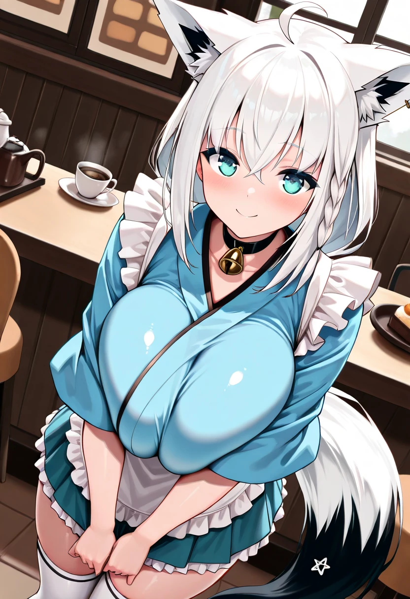 A white Kitsune yellow eyes highly detailed face highly detailed eyes large breasts sexy figure mature woman several white tails and soft long Kitsune ears, And I would only wear a sexy kitchen apron