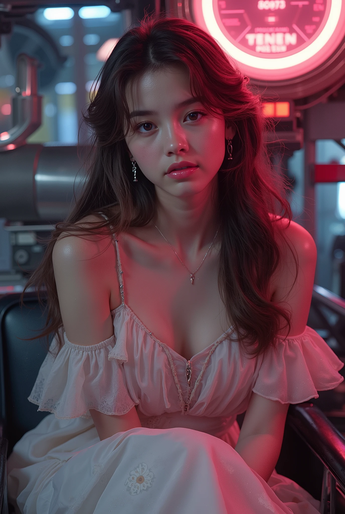 highly detailed, 8k, masterpiece, One girl, brown frills_hair_tube, dress, bend_that's all , Grin, (perfection_face), Sitting, machine, Brilliant, Complex, Dramatic lighting, 4K, detailed_background, Caustics, full_body, (Surreal:1.3), bloom,(Beautiful lighting:1.3), Caustics, Dynamic Lighting, Beautiful lighting, (Dakota Fanning:0.5), neon colored,
