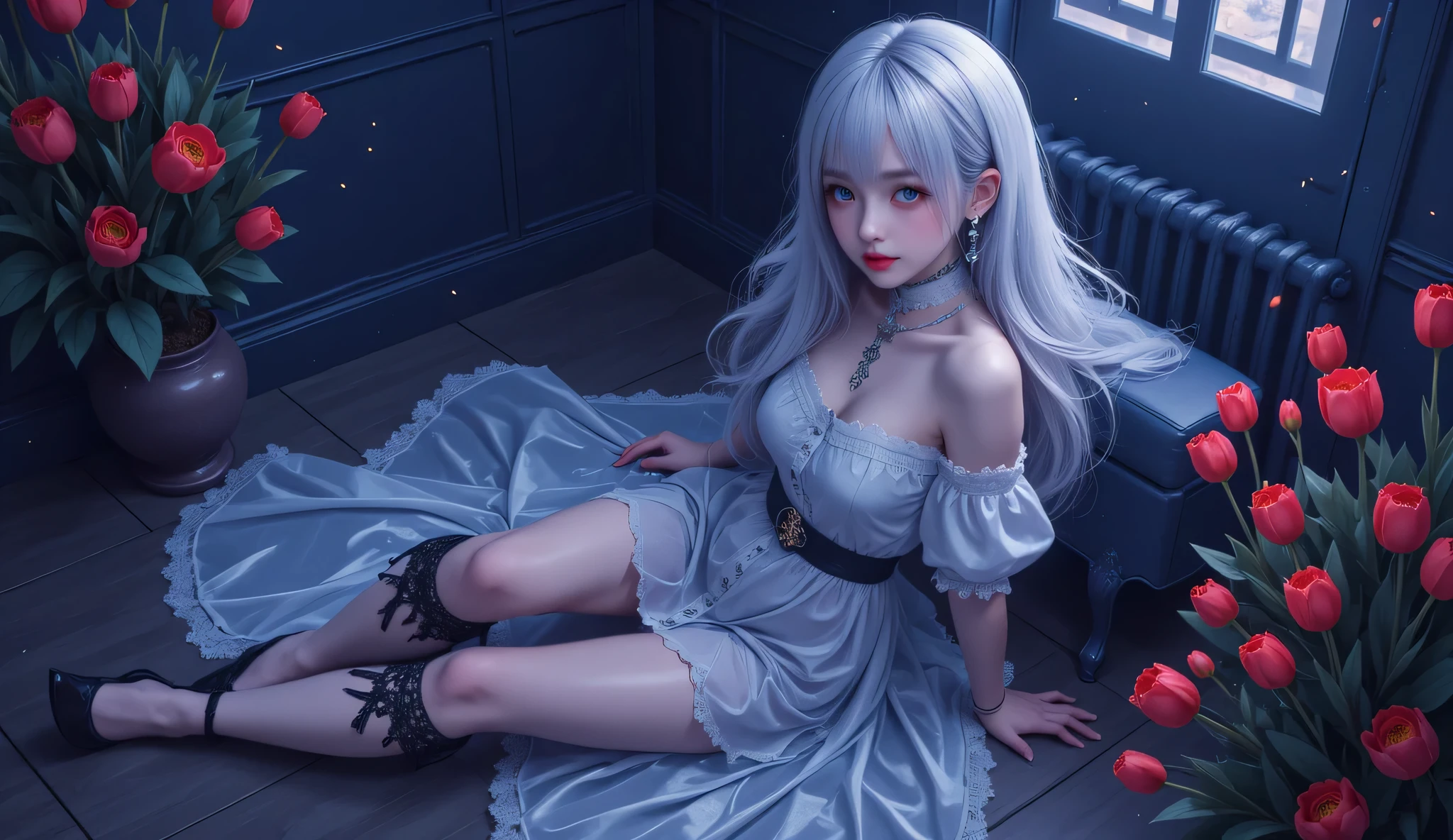 masterpiece,Game Art,Best picture quality,Maximum resolution,8k,(Upper Body),Unreal Engine 5 rendering works,(Digital Photography),(The girl looks at you lovingly,The smile is beautiful),Short hair details,(The eyes are very delicate),(With long gray hair:1.4),(Perfect body),(Bright dress,Black high heels,White cotton socks),(background:classroom),light,night,Ray Tracing,RAW photos,((3D Unreal Engine)),OC rendering reflection mode