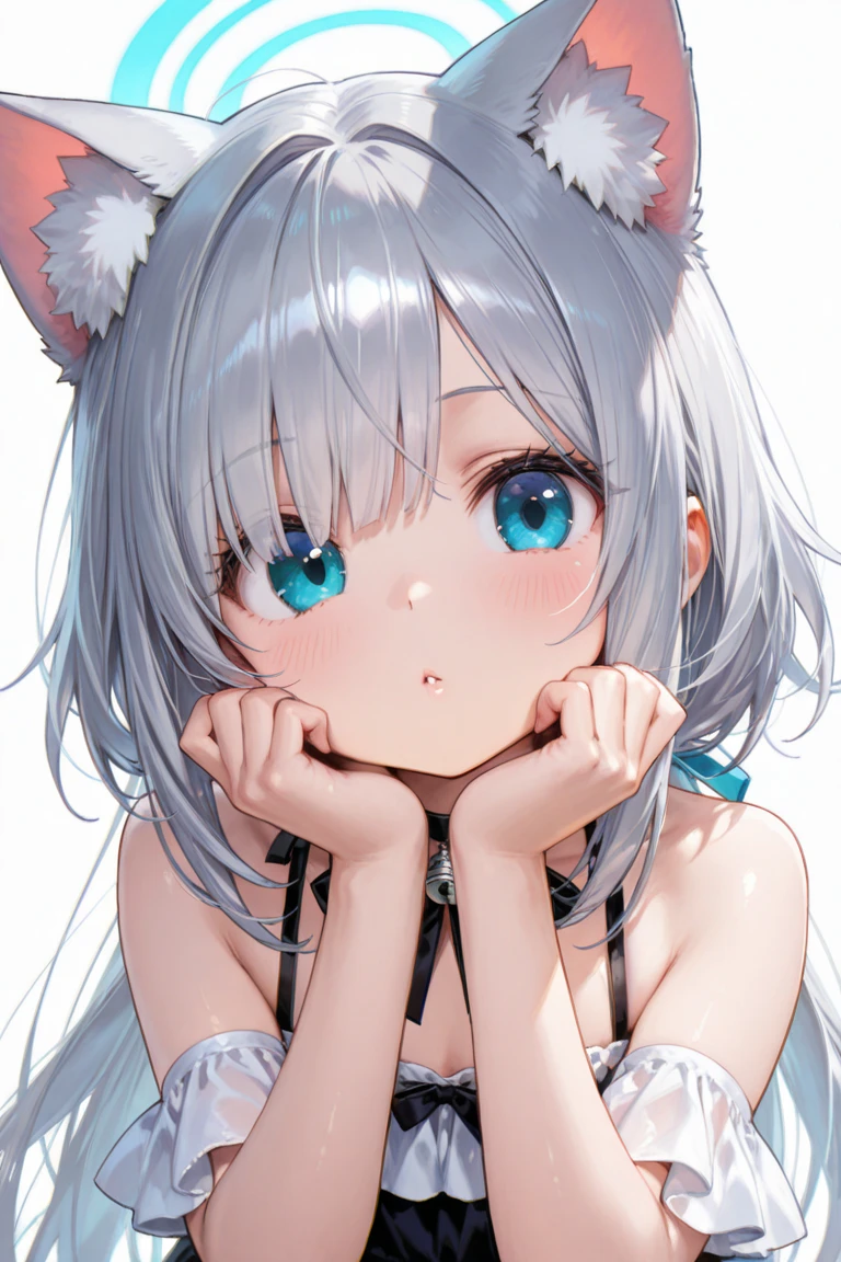 Young, long white hair, heterochromia, (left eye blue, right eye purple), white cat ears, turquoise top, open chest, tattoos, smile, masterpiece, high quality