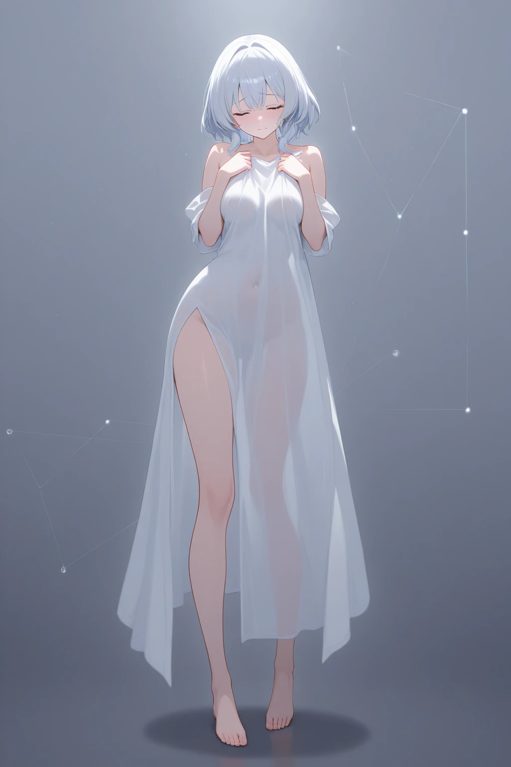 Masterpiece, Hoshizora rin,a beautiful urban female model, full body white transparent clothes standing under empty night stars, disappearing transparent pants, standing, facial details, detailed body part details, 8k wallpaper