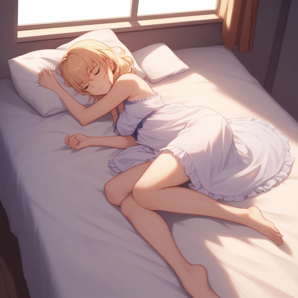 (((Pixel Perfect, Perfect detail))), alone, 1 girl, chisato nishikigi, from above, Shut your mouth, lying on the bed, full Body, indoor