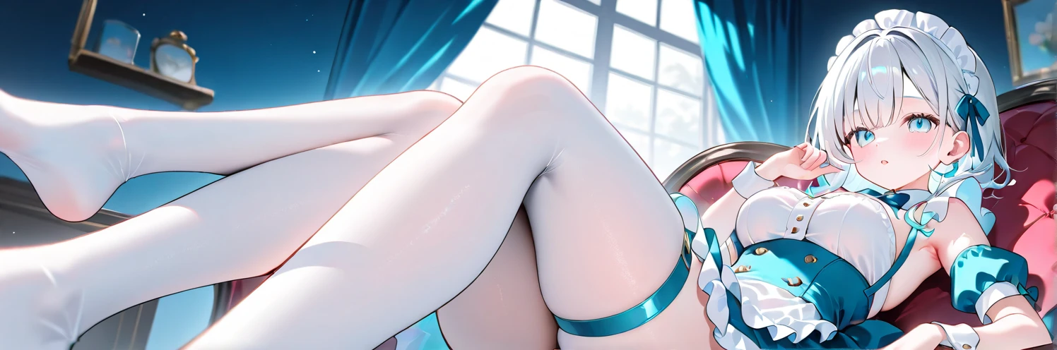 A Female robot is sleeping in bedroom, spread legs, nude, banzai pose. she wears no dress. She Brown short hair is tied with two big red clothespins, She lifts up the under hem of her white plain dress, leaning over, masterpiece, very short pigtails,brown hair, mature, android, blue eyes, full body figure, Height: 160cm, flushed cheeks, 2020s anime picture, A beautiful robot with short brown hair in two short pigtails held up by two very large huge red clothespins, Uplifting, No NSFW, whole body, barefoot, archaic smile, getting orgasm, 25 years old, sweat bucket.