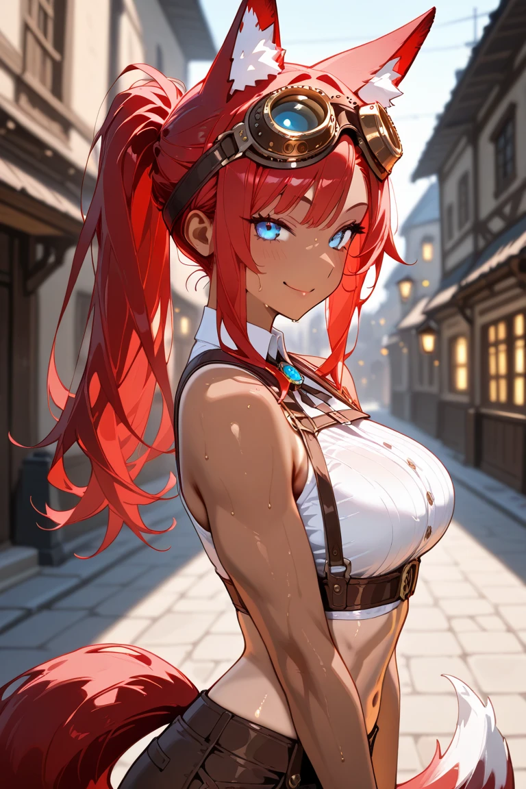 masterpiece, best quality, highly detailed background, perfect lighting, best quality, (extremely detailed face), volumetric lighting, intricate details, shadow, tonemapping, sharp focus, hyper detailed, trending on Artstation, (solo) ((Looking at the viewer)) (long red hair) (Hair over face) (only one eye visible) (curvy) (Big breasts) (transparent clothes)((Blue eyes)) ((human)) (sexy pose) (in the street) (smile) (With your arm stretched out as if taking a selfie)