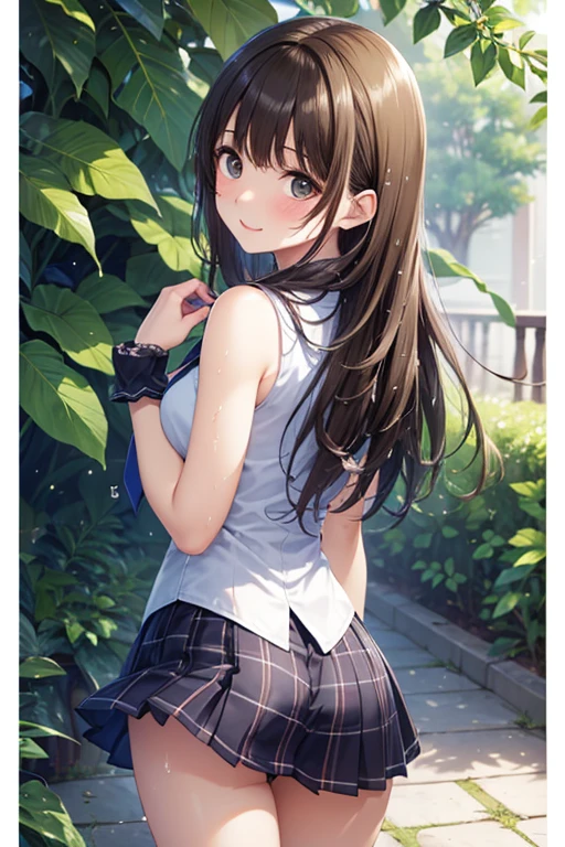 masterpiece, Highest quality, Brown haired beautiful girl、high school girl16age、big eyes(Yellow Eyes)、bob cut、Has deer antlers growing from his head、Sailor suit(white)、scarf(light blue)、Thighs、smug face、smug、Duck mouth、Pleated mini skirt、jumping(1.3)、from be low、School Garden、sunny、morning、miduam weight