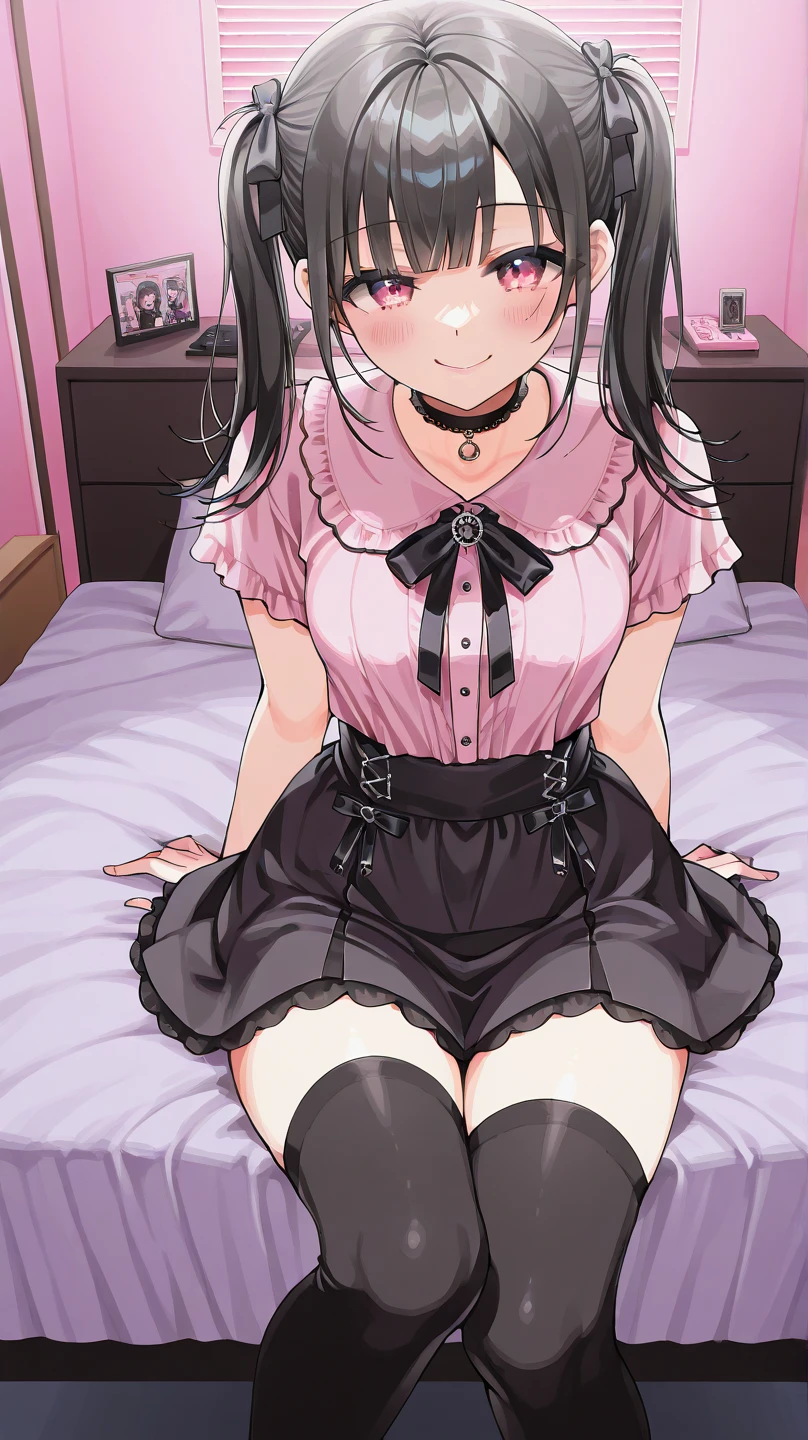 masterpiece, One girl, Brown haired girl, Long Hair, The body is slim, Pink eyes, Baby Face, Beautiful breasts, Round Breasts, Long sleeve, Beautiful Eyes, Black knee-high socks skirt, Bedroom M-legs Pussy Legs Opening Sexual lust Tongue licking Slanted eyes Topless Big tits Masturbation