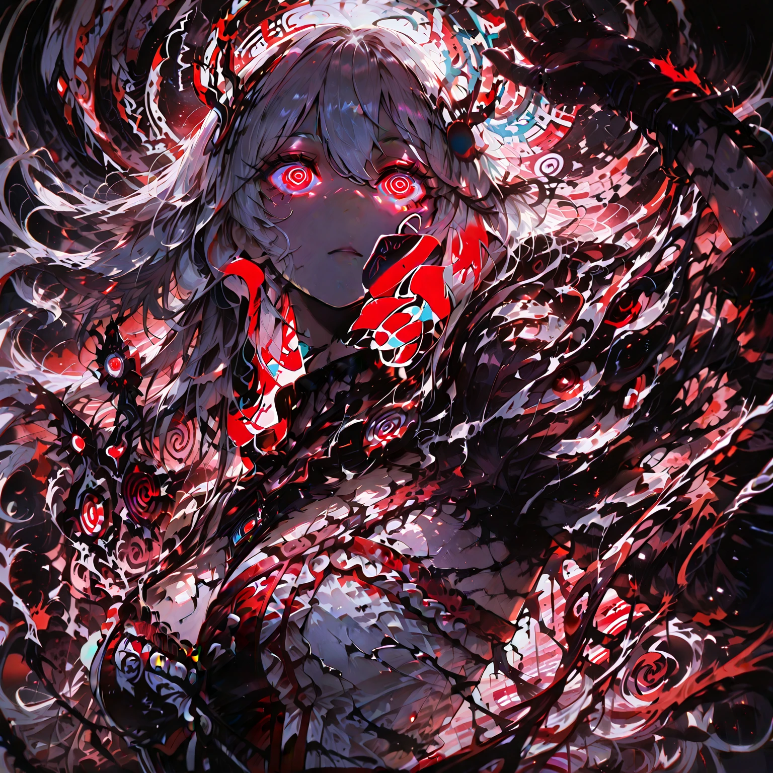 tmasterpiece, Top Quality, Ultra-detailed illustration, The details are great, a closeup of a, Direct photo, (1 girl:1.2), (snowing:1.2), Purple eye, portraite of a, (The image in the picture:1.2), (empty look:1.3), (a bloody knife:1.4), (Huge eye:1.3)