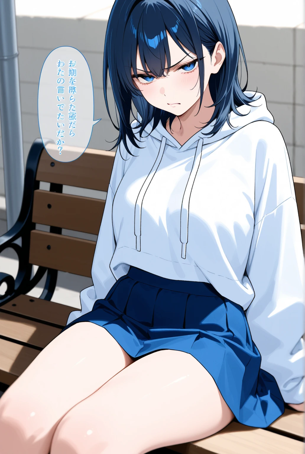 ((anime:)),((best quality)), ((highly detailed)),(((sketch:))) extremely detailed face, beautiful face,((1girl)),((solo)),(shiny skin),(cowboy shot),(looking at viewer:1.25), (grey hoodie), fang, blue hair, skin fang,( blazer), short hair, (white jacket),bangs, (black skirt), (hair behind ear), (collared shirt), purple eyes, (pleated skirt), armband, (hair ornament),thick thighs,((skirt lift:)),(huge breasts),,(((pussy:1.35))),((bottomless)),((outdoors:1.25)),,,((park,bench:1.5)),((sitting:1.35)),((sit on bench:1.35)),((nose blush:1.32)),(happy,smile:0.95),:d, ((spread legs:1.45)),BREAK ((black socks:1.15)),,BREAK ((shoes:1.15)),(arms behind back),