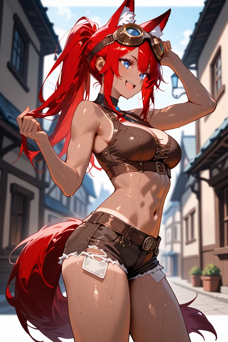 Roxanne Demin kin 1girl, solo, medium breasts, Body position: Standing, straight, symmetrical, barefoot, Lustful smile on face with red blush, fluffy ears, dog ears, blonde hair, bikini armor venus body