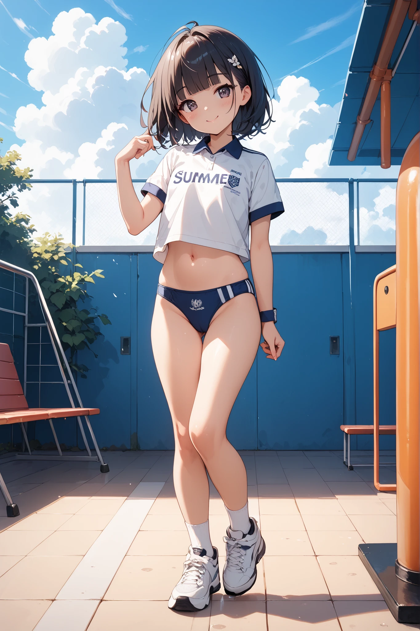 （masterpiece，highest quality），child，petite，black haired，medium hair，Light blue sports bra，Slide your underwear and show your pubic hair，Pissing，female reproductive organs，Spreading，nude，vagina，Get wetter，
