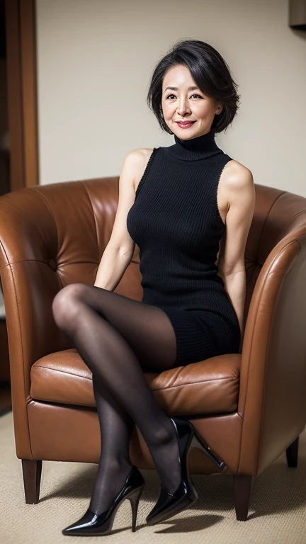 (masterpiece:1.4),(Beautiful 62 year old woman:1.5),(Facial wrinkles : 1.2), (facing away : 1.1), happy, smile, (mid length hair : 1.1), (black mourning dress), (long dress), (black nylon tights : 1.2), Motherhood Mature Woman, plump thighs, (on knees : 1), on tatami, japanese house