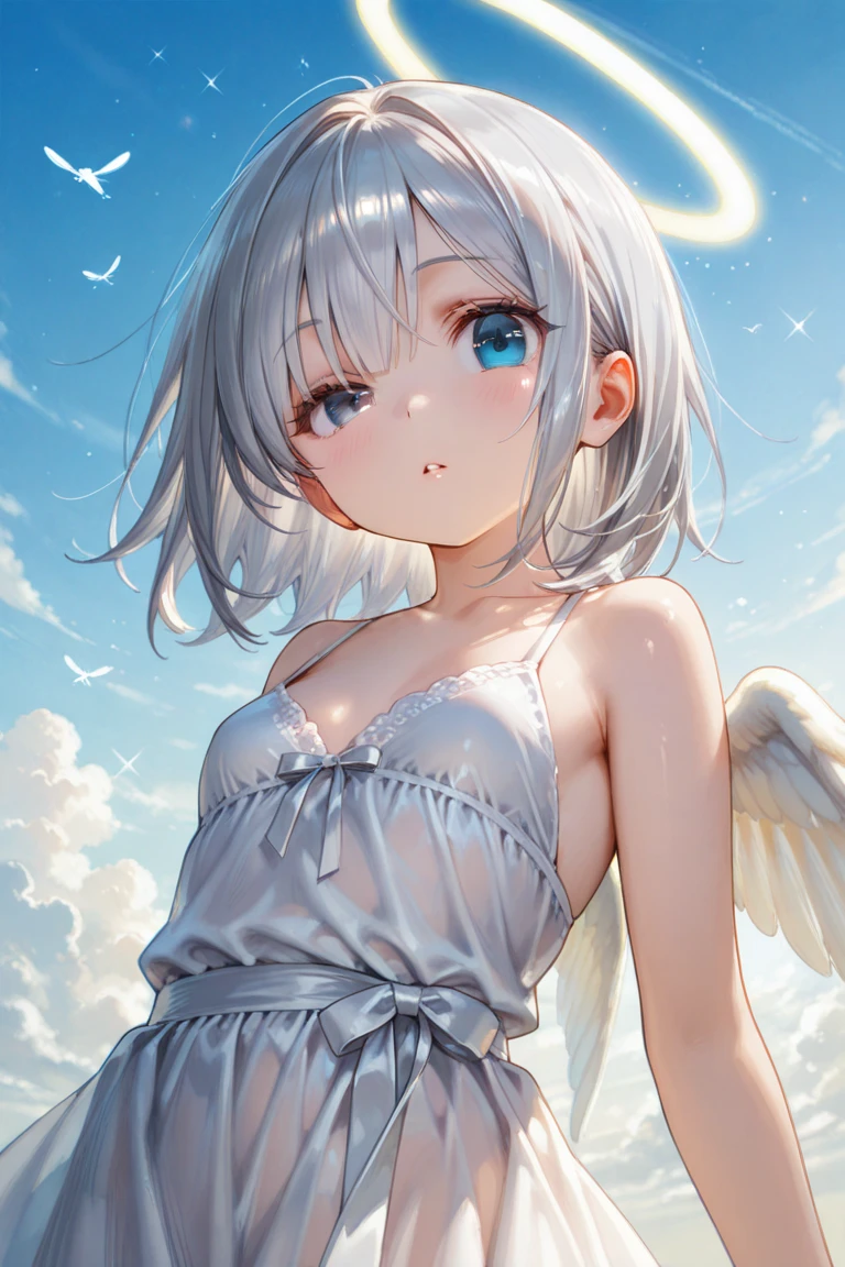 starの妖精、cute、Little angel wings on her back、best quality、masterpiece、official art、최고의 다이나믹one 구성、star、universe、流star群、xcdd, one , alone, dress, water遊び, star \(symbol\), Short hair, Skirt hold, water, white dress, bare shoulders, Do not have, night, shining, blue eyes, stand, profile, bare arms, shining, 끈이 Do not have, braiding, star \(Do not have\), 끈이 Do not have dress, from the side, outdoor, night Do not have, avert one&#39;s eyes、Keji Deng Guang、background：neon geometric pattern、Turn towards the viewer.