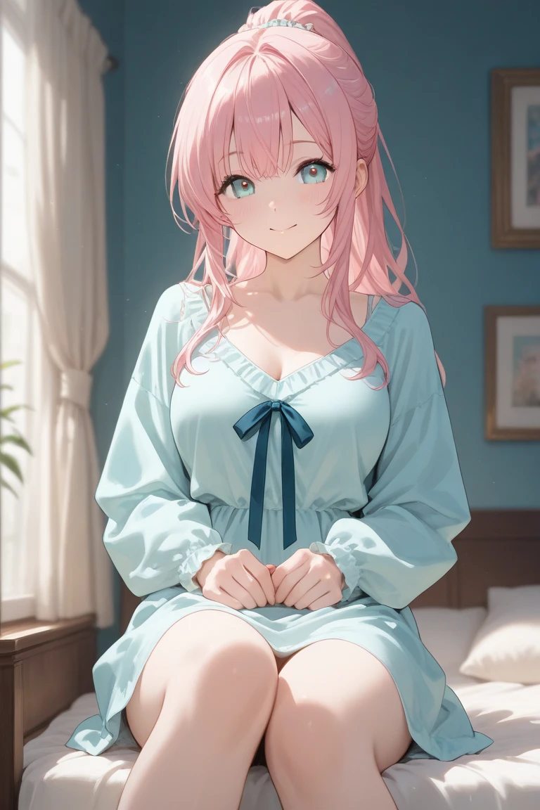 girl in oversize blouse over naked, pink hair ,long hair, light smile, happy, Calm,medium chest,
sitting on the bed , cleavage, spoken good morning,
The incoming tonight , soft moonlight, absurd resolution, best quality, absurd detailed,
