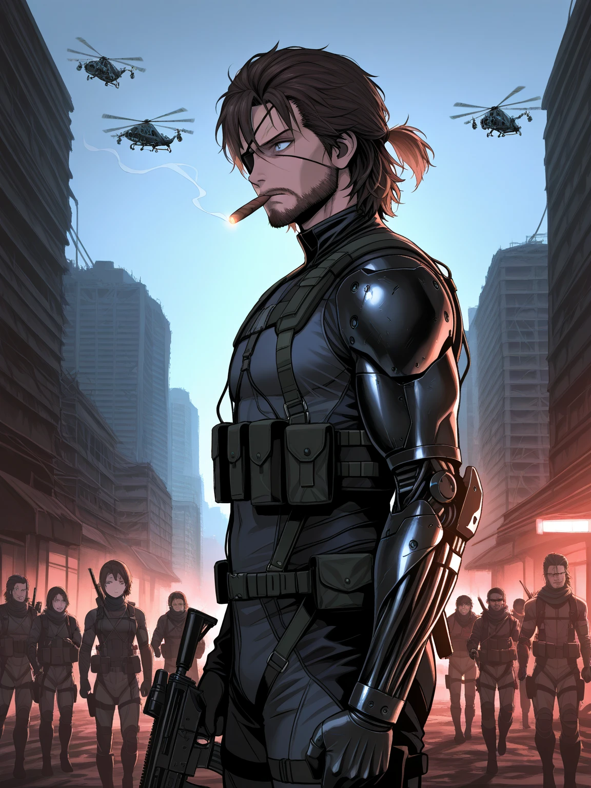 {illustration}, {{1man}}, {{alone}}, {{{masterpiece}}}, {{{best quality}}}, {{ultra-detailed}}, {{detailed face}}, high quality, 8K Ultra HD, score_9, score_8_up, score_7_up, Venom Snake (Metal Gear Solid), dark brown hair, short Ponytail hairstyle, right eye patch,  blue left eye, thick masculine beard, left robotic arm, scars on face, anatomically correct, serious face, modern battlefield during night, dark dramatic mood, rough lighting, cold atmosphere, ambient blue side lighting, holding an AR-15(gun) on both hands, smoking a cigar, combat helicopters in the background {crowds}, Abandoned city in the background far behind, view from side, {{side perspective}}, {{medium shot}}, {{Metal Gear Solid vibe}}