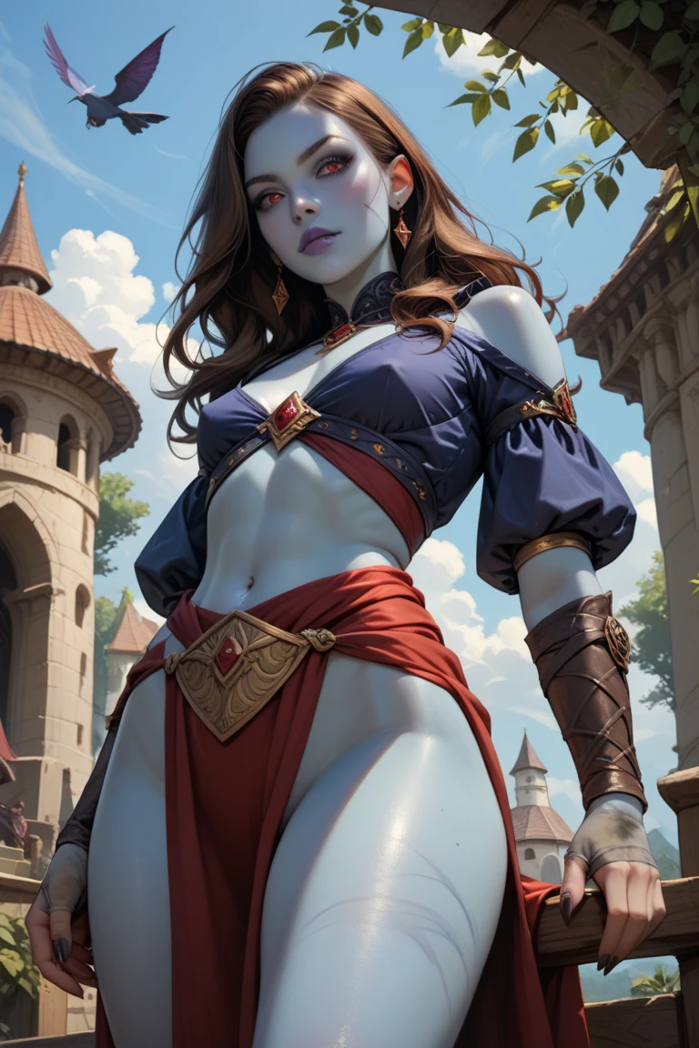 1girl, solo, large breasts, somsnosadg, black hair, black lips, short hair, blue skin, black eyes, black gloves, cloak, red cape,oversized clothes, poncho,outdoors, ruins, nature, half-closed eyes, cleavage,detail areola,
look back, from below,light smile,
sharp focus, portrait,upper body,
<lora:Somsnosa DG PXL v01-000003:1>
score_9, score_8_up, score_7_up,score_6_up,EZRealPONYXL,
hyper-Detailed, masterpiece, best Quality,film Grain,