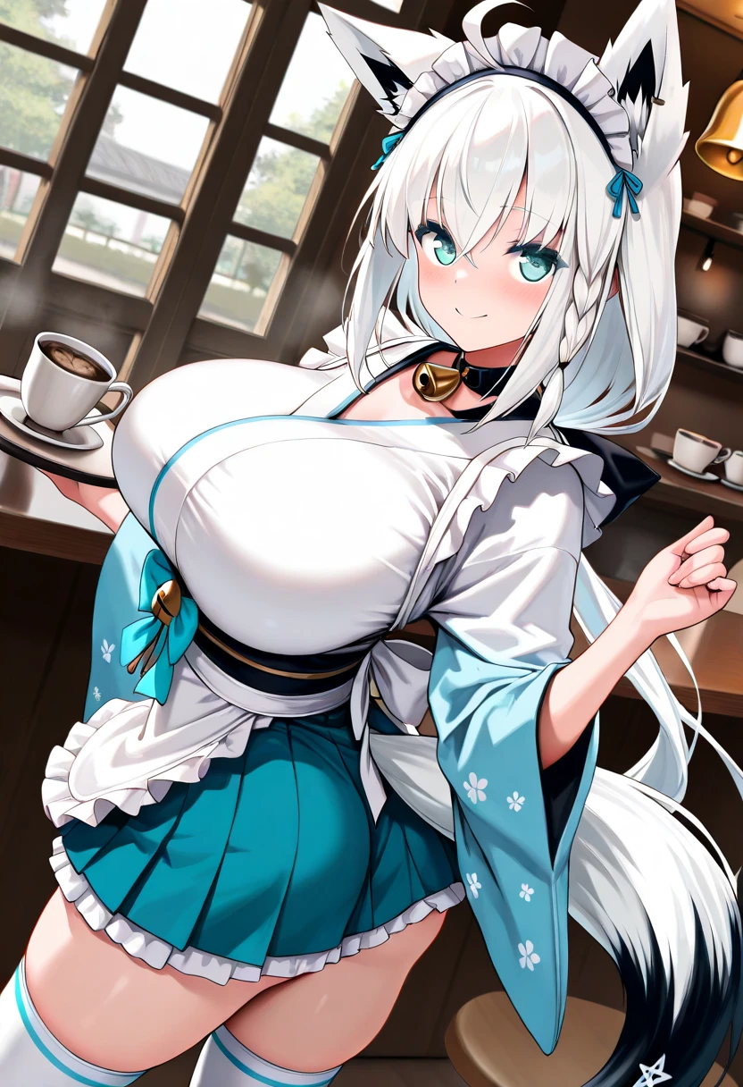 Anime Kawaii sexy Perfect Slim sensual body large breast and huge thighs, An intricate and highly detailed illustration of anime (Young girl) (Masterpiece, best quality), (ultra high resolution, 8K RAW photo, photo realistics:1.5, textile shading, thin outline), Beautuful Matured woman preparing tea-time, (tea set, tea pot, tea cups), wearing traditional sick maid uniform, maid costume:1.2, long flare skirts, apron, Tall and long legs, long white hair, wearing rimless grasses, (milf:1.5, 28 years old, solo), (large breast, sagging breast, big , narrow waist), (long white hair, hair over one eye, half updo, asymmetric hair, wavy hair), (bright pupils, detailed eyes, high detailed face, Perfect face shape, eye rush), (seductitve smiling, half-closing eyes), (looking at viewers:1.3), (dynamic angle, tighs focus, from side above:1.2), (correct anatomy:1.5, correct hands), (ideal ratio of body proportions),