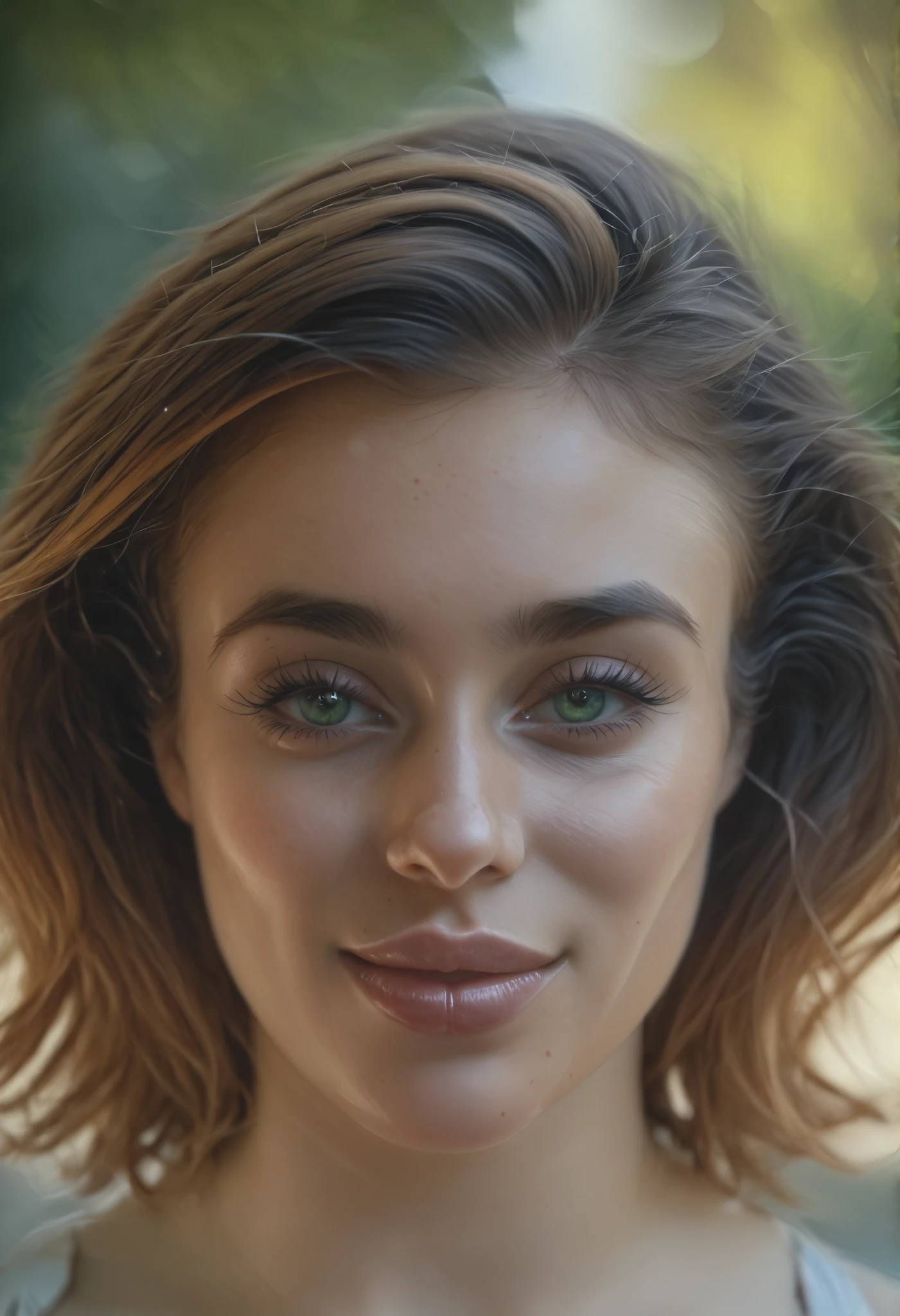 A highly detailed and realistic portrait of a woman's face with a natural and serene expression. The image should focus on lifelike skin texture, sharp and well-defined facial features, expressive eyes, and natural lighting. Include subtle shadows and soft highlights to enhance realism, with a neutral or slightly blurred background to maintain focus on the face