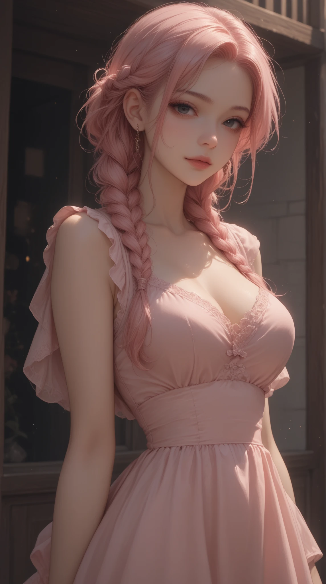 young woman, porcelain skin, bubblegum pink hair, braids, wide forehead, thin pink eyebrows, emerald green eyes, long eyelashes, upturned nose, big thick pink lips, big emerald green eyes, pink kimono, Sakura Haruno, 3d, realism, well detailed, black gloves