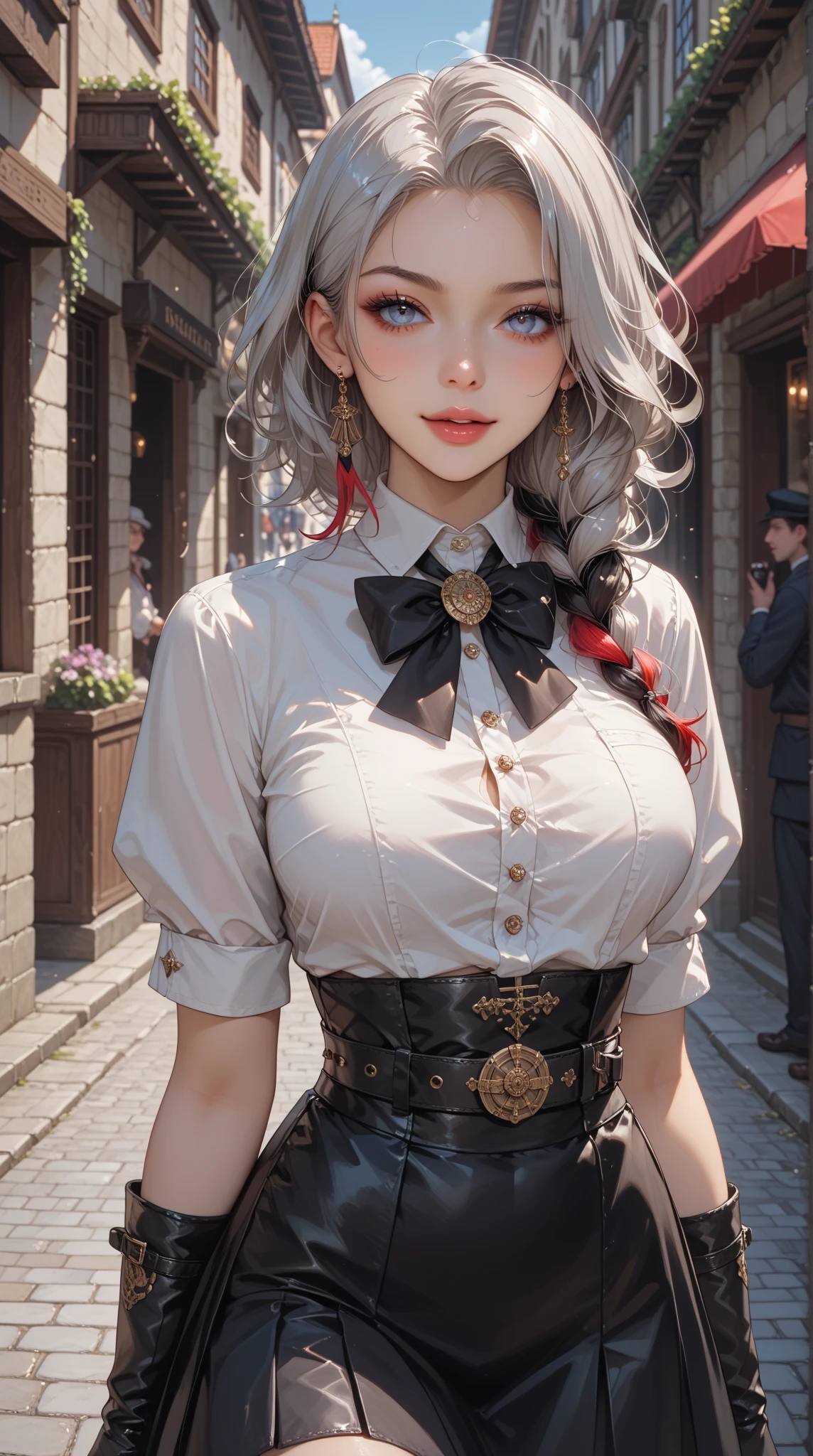 (watercolor painting:1.4, dynamic_angle), Looks like (riley_reid:mia_malkova), abstract beauty with white hair, fit, athletic_long_legs, medium_breasts, looking at the camera, approaching perfection, dynamic, Victorian blouse with orange black blue and pink colors, (highly detailed, digital painting, artstation, concept art), sharp focus, watercolor style,mrrpss (Very best quality, ultra detailed, 8k, surrealistic):2, cowboy shot