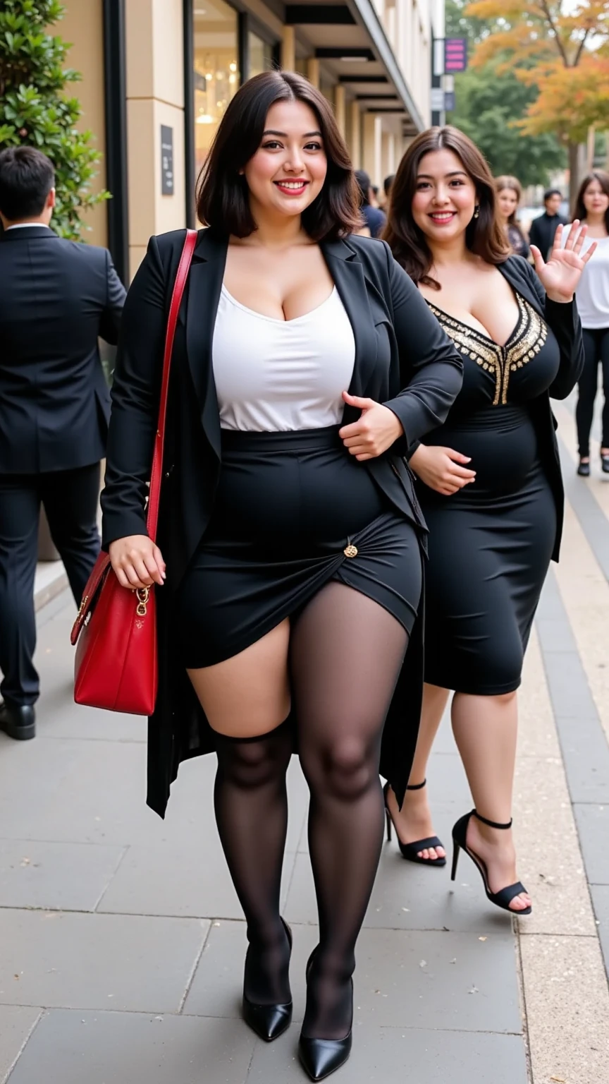 3 Fatgirls , fat body , thick body , thick waist and thick hips , , soft curvy body sape , thick hips , widest hips ,smooth whight skin , round face , red lips , smile , long brown stable heir , long lage, red shoes large breasts, large hip, one hand in pocket , Yallow long shorts, full body view long distance camera angle , shiny dress Face around back side , hip on front on camera , environment beatch night city multiple people walking Crowd , 4k quality