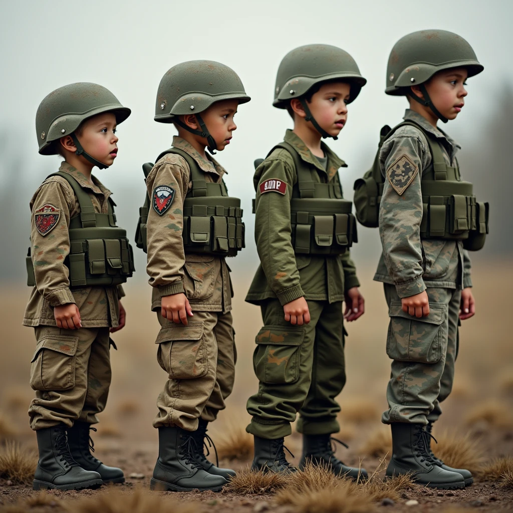 Twenty new born babys camouflaged and beret-clad soldiers carrying M16 military rifles parade through a real location in a realistic full body style.