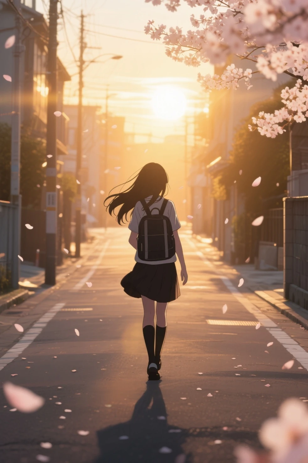 masterpiece, best quality, highly detailed,1girl, black_hair, bridge, building, chain-link_fence, city, city_lights, cityscape, cloud, dusk, evening, fence, gradient_sky, lens_flare, long_hair, long_sleeves, looking_at_viewer, neckerchief, orange_sky, outdoors, pleated_skirt, power_lines, scenery, school_uniform, serafuku, shoes, skirt, sky, skyline, skyscraper, solo, sun, sunset, tree, twilight
