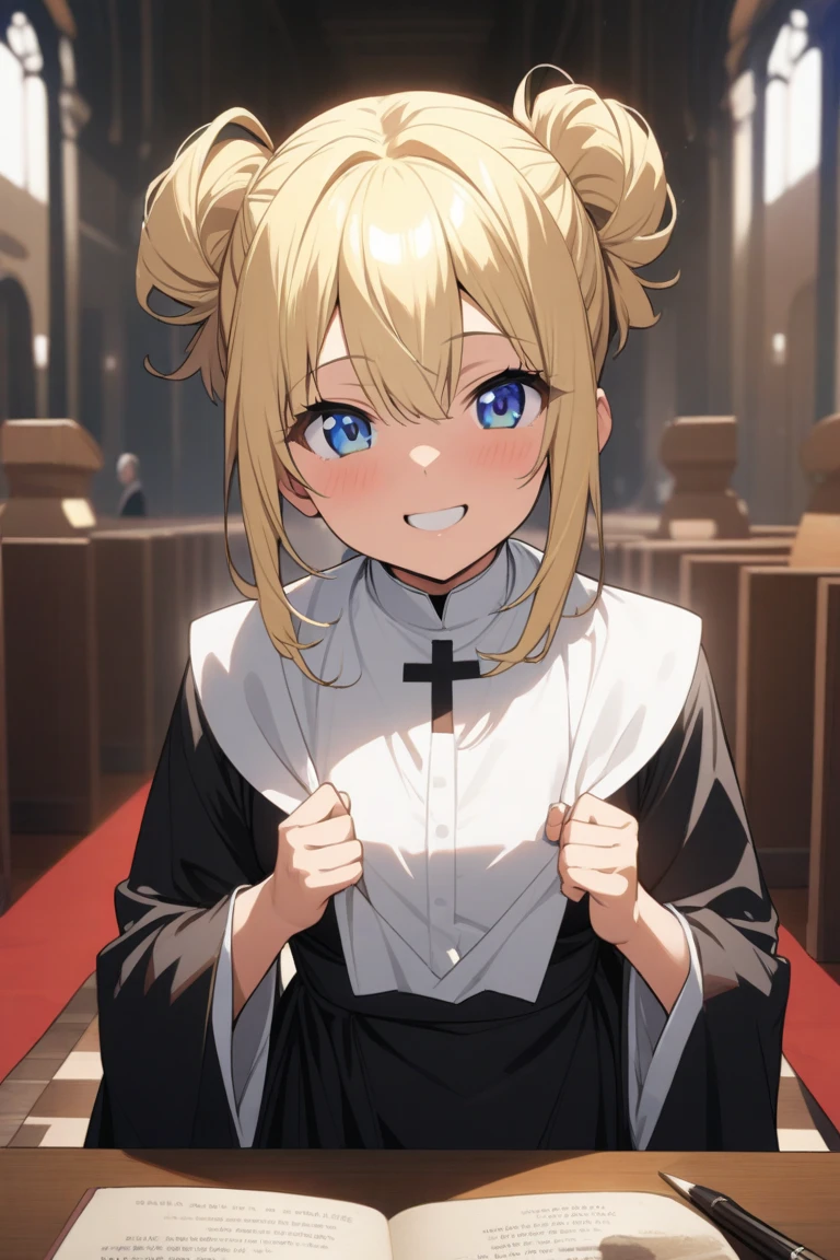 sfw, (masterpiece, best quality:1.2), perfect anatomy, (1boy, solo:1), kneeling, detailed church, (establishing shot from above:1.3), hands claps together, eye contact looking at viewer, nose blush, shiny skin, happy closed mouth smile, adorable face, (black cassock, vestments, fascia sash, white and gold stole vestment, gold cross necklace:1.5), <lora:boku no pico ova-lora-nochekaiser:0.7> bokunopico, (pico:1), short hair, blonde hair, (green eyes:1), (flat chest:1), volumetric lighting