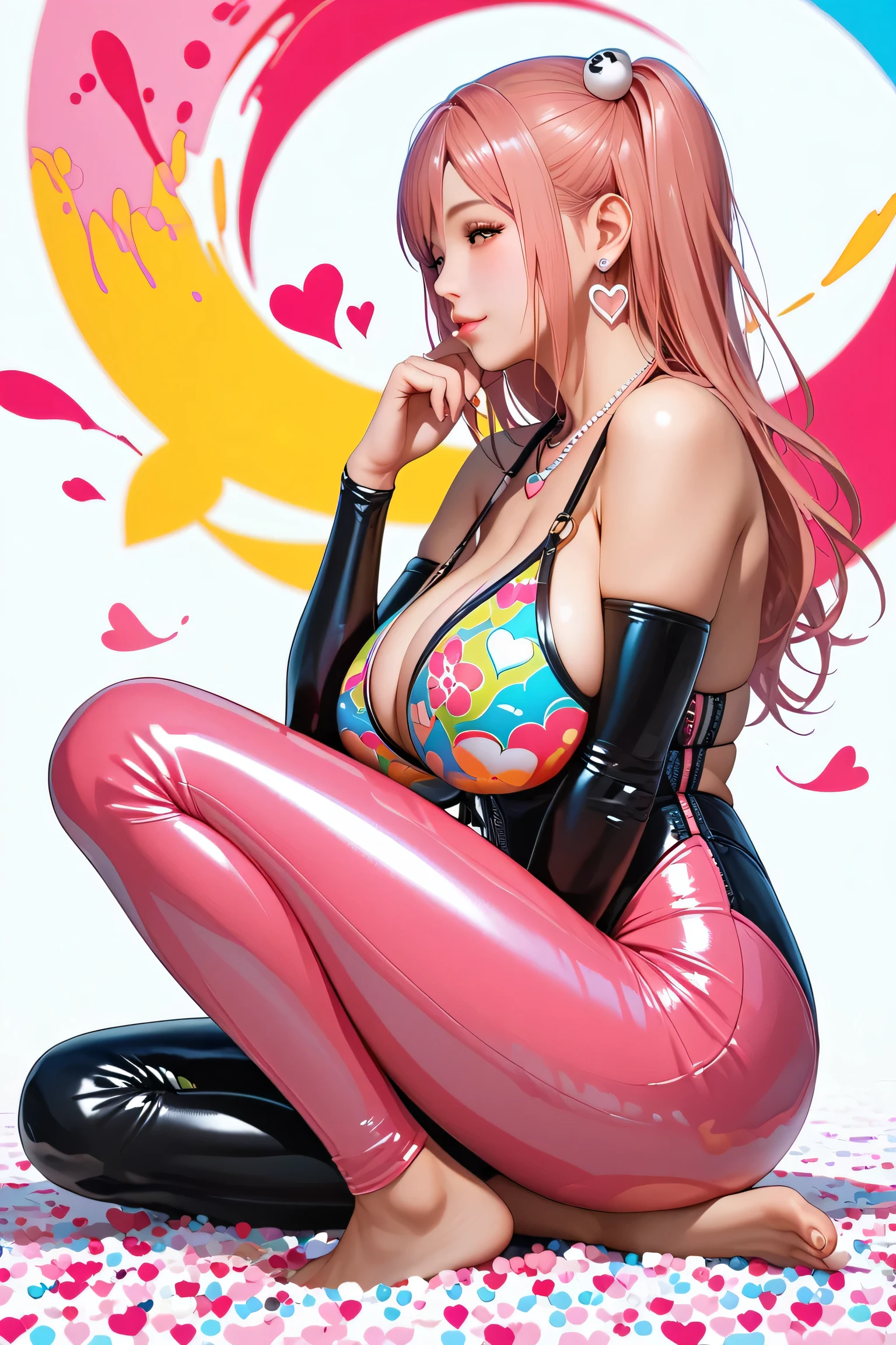 Chibi, 8K, [Asuka Langley|Miku Hatsune], photo shot from front, highly-detailed, girl sitting with legs crossed and holding a lollipop, cute expression, cleavage, pink hair styled in pigtails, in a pastel-colored candy land, with whimsical clouds and sweets, clear background