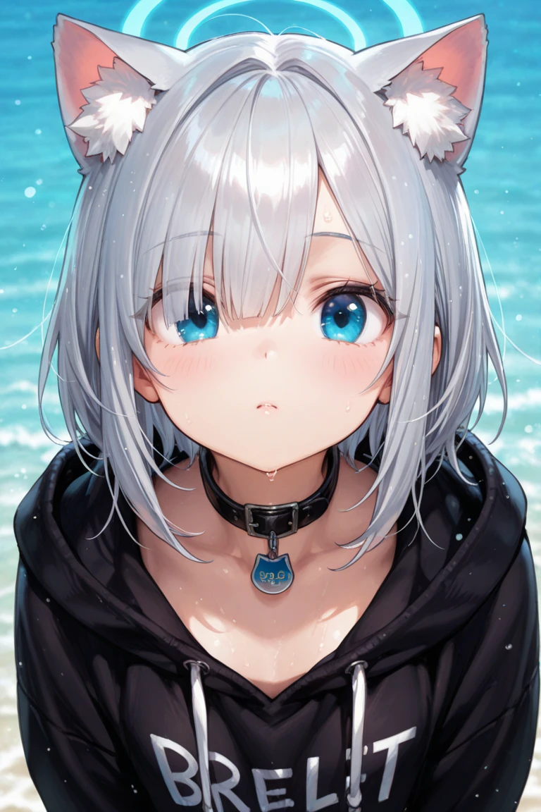 (masterpiece,best quality,ultra-detailed),1girl,black hair,dark gray hair,short hair,messy hair,(((coloured skin, grey skin))),small chest, bikini,jacket ,((grey theme)),((pastel colours theme)),wolf ears,in a beach,cloudy