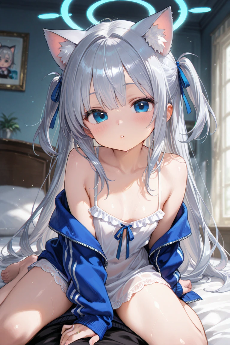 beautiful girl, naked，Cat ear，Long white hair，Light blue eyes，cute, young, small limbs, short fingers, Big Breasts, smile, Red cheeks，Big ribbon, Thin and light clothing, dress， Sheer white lace tights, Thin, sheer white tights，Smooth Skin,lift the perineum,Her cleavage is protruding ,(Spread your legs),(The hand details are perfect too.),(Wet)，Squat，Wet，Sweat，tears，Leaking urine，Saliva