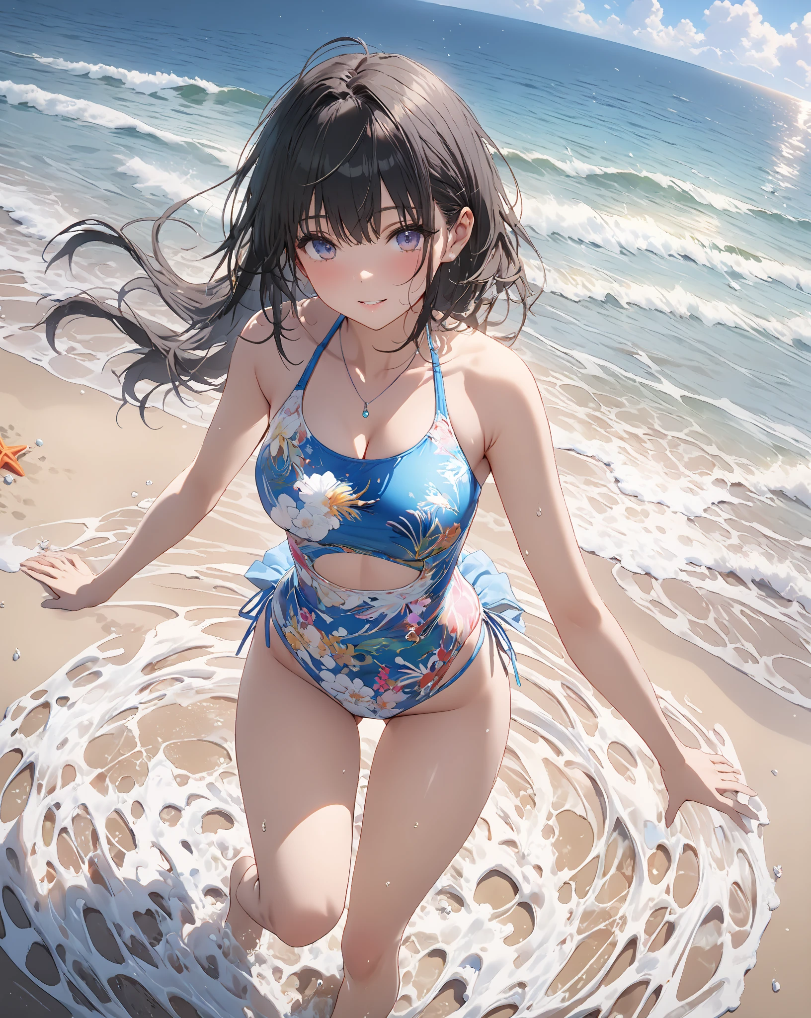 (Highest quality, masterpiece, Ultra-high resolution, (Photorealistic:1.4), RAW Photos), One girl,Gingham-print-bikini(white), (Very short black hair, Amazingly cute face, Very beautiful big black eyes)), Very lean body, Very flat and beautiful busty breasts and a beautiful ass, An innocent smile, Booty pose, View Viewer, Detailed face, Fine grain, Detailed Hair, Detailed body, Thigh details, Detailed Swimsuit