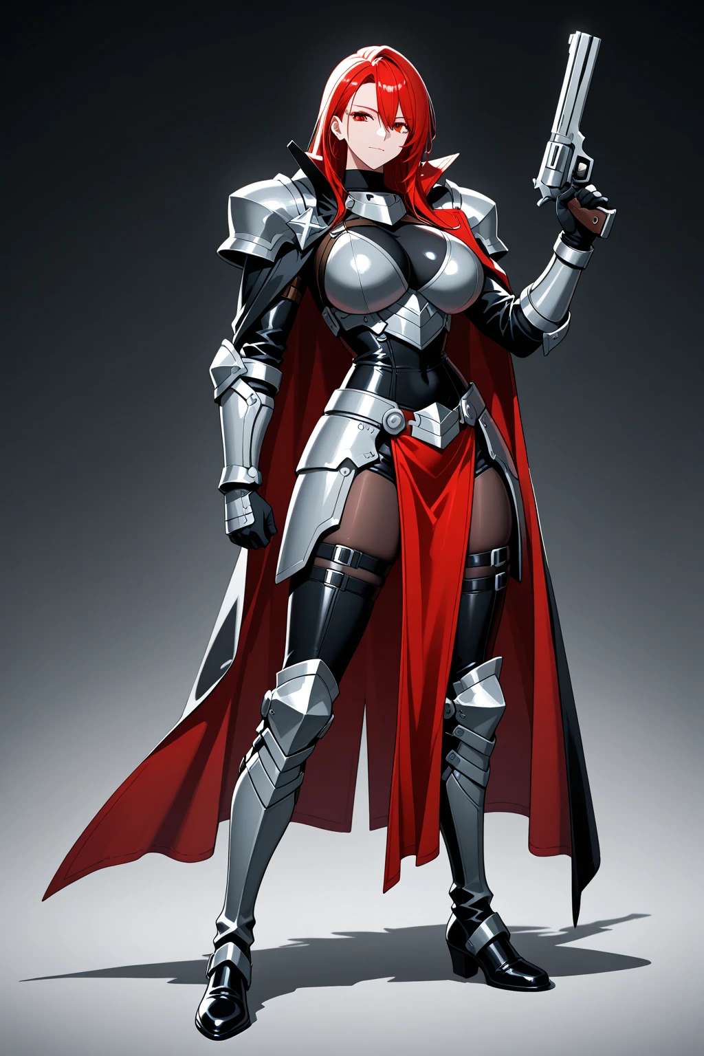 Character: Gender: Female Age: Mature (combines "veteran warrior" and "milf") Body type: Strong and athletic Skin: Very purple Hair: (details missing from prompt, can be added later) Attire: Armor: Full body, heavy armor (preferably red accents) Clothing: Red cape Adventurer's outfit (suggests practicality and readiness for exploration) Brown leather boots Pose: Full body standing Straight posture Symmetrical (implies a confident and imposing stance) Additional Notes: Avoid overly sexualized terms ("bimbo") Consider replacing "milf" with a descriptor that emphasizes experience, like "seasoned warrior" Optional details you can add: Hair color and style (e.g., long flowing braid, short and practical) Specific details about the armor (e.g., decorated breastplate, ornate helmet) Facial expression (e.g., determined, stoic)