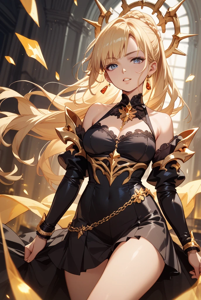 (masterpiece:1.3), ((Best quality at best)), (disorganized:1.3), (highest quality:1.3),(perfect anatomy:1.5),Super detailed:1.3),(best shadow:0.7),(Ultra high resolution), extremely detailed texture, sharp focus, realistic lighting, cinematic quality, photorealistic details, smooth shading, fine grain, high dynamic range, 8K quality, exquisite clarity, perfect finger,(detailed face), solo, fine eyes, beautiful eyes, , Exquisite facial features, Interlacing of light and shadow,anime style, hands well proportioned to the body, arms with good anatomy, ((no exposed body parts)), ((fully clothed)), ((no nudity)), ((decent clothing)), ((covered up)), Dancing in a disco pose, (busty:1.1) , (chubby:0.1),( golden hour exposure:1.1), dark theme, A land where nothing makes sense and everything is out of place ,(glowing lights background:1.1), a woman wearing a black dress made of flower petals, wearing edgPetal, in the bedroom