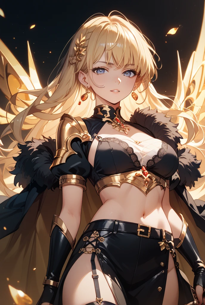 (masterpiece),(best quality),(ultra-detailed),(best illustration),(best shadow),(absurdres),(detailed background),(very aesthetic), 1girl, solo, ((blonde-hair)), ((golden-armor)), blue-eyes, navel, boots, high-heels, underwear, gloves, breasts, looking-at-viewer, high-heel-boots, black-gloves, armored-boots, standing, bare-shoulders, hair-ornament, simple-background, midriff, very-long-hair, skirt, showgirl-skirt, greaves, collarbone, cleavage, gauntlets, one-side-up, bikini-armor, shoulder-armor, smile, pauldrons, medium-breasts, breastplate, hand-on-own-hip, hair-ribbon, ribbon, floating-hair, white-skirt, closed-mouth, armpits, waist-cape, armored-dress, elbow-gloves, knee-boots
