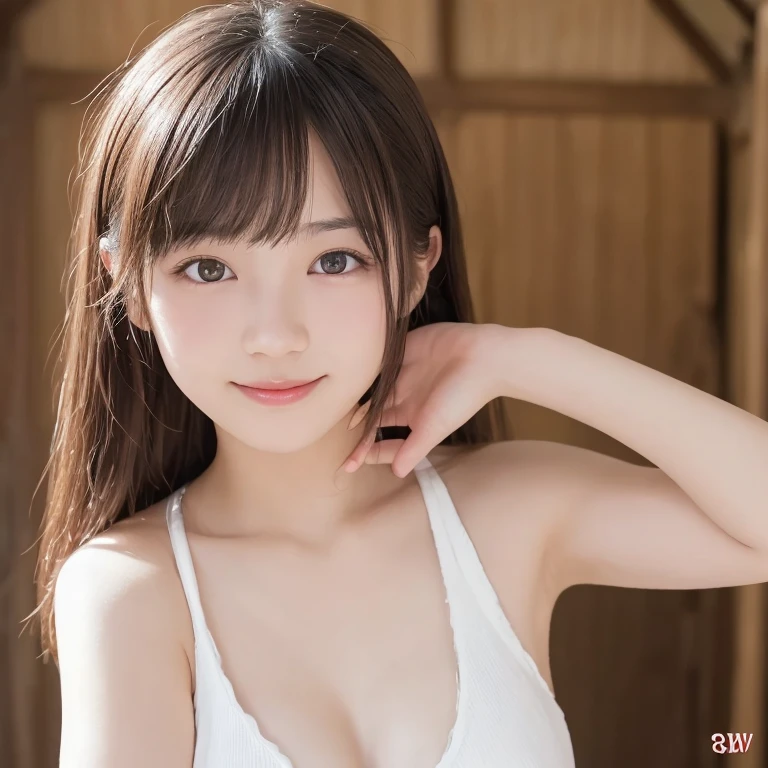 (Japanese idol, 1 girl, unparalleled beauty, Seduce, smile, small face, perfect style, Body based on human mechanics, Raw photo, real person:1.4) photograph, (professional lighting), (((highly detailed eyes and face))), ((double eyelids)), (Tits sharp focus:1.4), (brown hair, ponytail, elegant light makeup, eyeliner, mascara:1.4), huge , shiny skin, 20-year-old, ((slim body, slender)), (micro bikini, I can see her cleavage and underboob, Stand leaning against the wall, Tifa Lockhart lookalike:1.4), attractive face, NSFW, ,