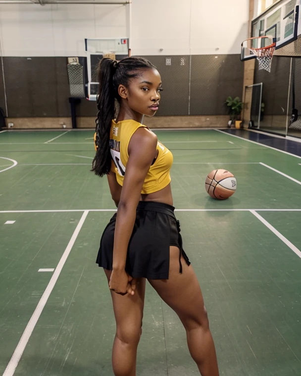 black woman, 19 years old, seductive, leggy, sexy body, dancer, curly hair, cheerleader, wearing cheerleading uniform, basketball court in the background, holding a pom-pom, back turned, standing with hands at side,8K , high quality, high detailed, detailed face, beauty eyes