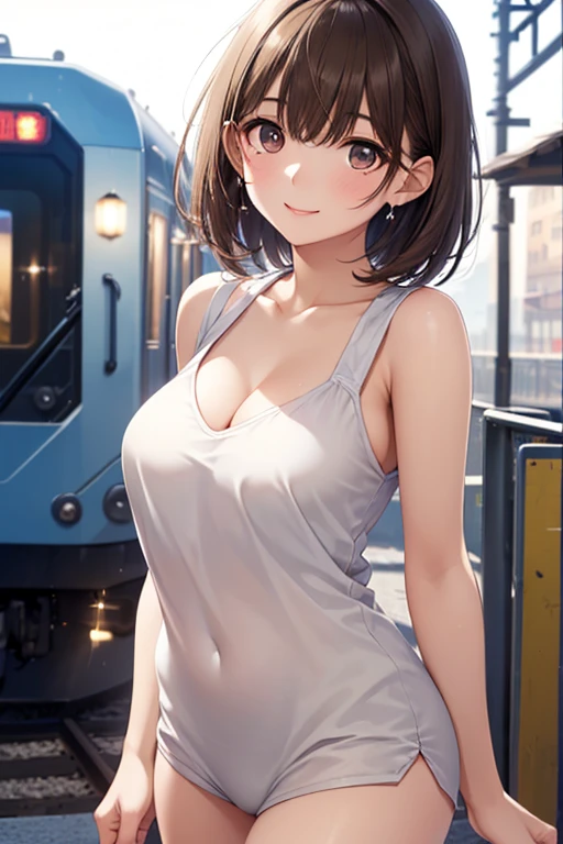 woman,Completely naked,blush,Dark brown hair,short hair,Large Breasts,woman器,womanの自慰行為,Nipples get erect,woman器から白い液が大量に流れる,開いたwoman器,woman器を右手で触る,Company Office