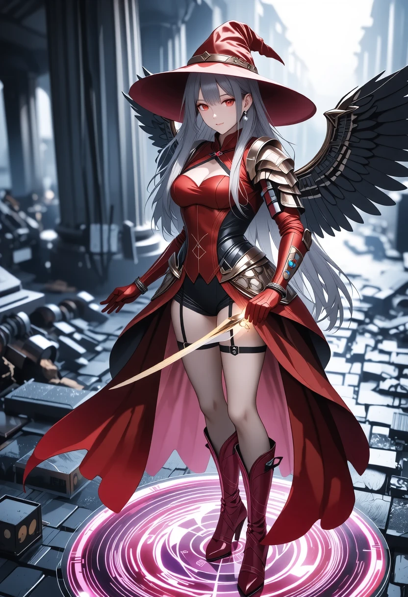female, silver long hair, red eyes, tan skin, (((1girl))), (((red and black gladiator armor))), (red and black gladiator helmet), (gold jewelry), (black skirt), (black heeled sandals), cute and sexy, large breasts, large butt, full body, long legs, smiling, black angel wings on back