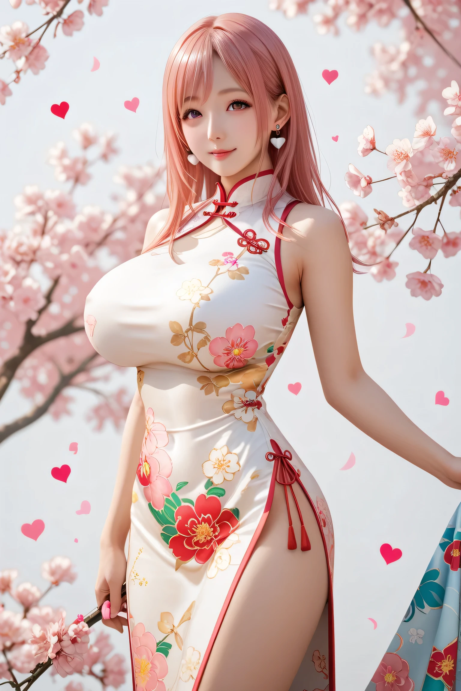 Japanese beautiful girl, huge breasts, full body,乳沟,低胸, ,earrings, necklace,
, many little hearts, ,, pink hair, honoka , colorful background, abstract background
half body, close view,"tight cheongsam" 或 "form-fitting qipao" , colorful qipao, colorful cheongsam, cowboy shots