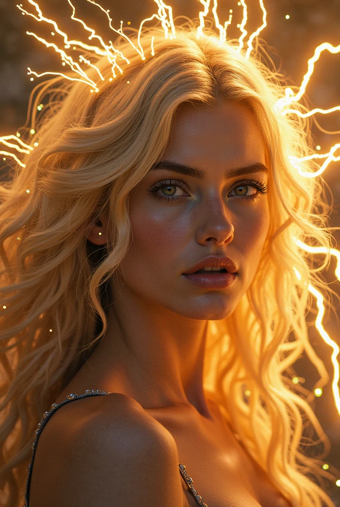 (obra maestra, alta calidad, La mejor calidad en el mejor de los casos., arte oficial, Beauty:1.2),(1 chica:1.3),formal_una falda,Bodas_una falda,(A girl wrapped in lightning,composed of elements of rayo,rayo,electric,Transparencia,((translucent luminescence)),Add the word ELECTRON to the image.,