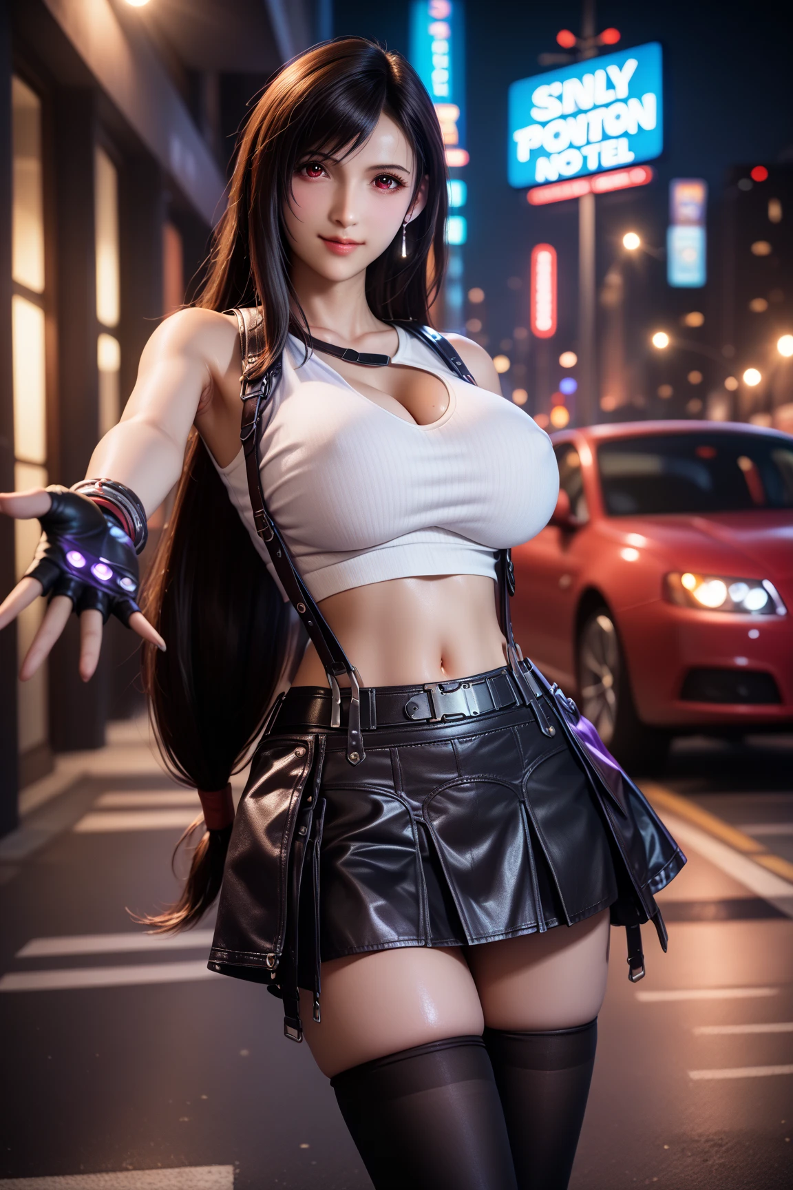 (8k, best quality, masterpiece:1.2), (realistic, photo-realistic), ultra-detailed, 1 girl,cute, solo, (tifa lockhart), (large breasts), neon lights, cityscape, depth of field, sharp focus, single elbow pad, ankle boots, black hair, black thighhighs, red boots, elbow gloves, elbow pads, fingerless gloves, taut shirt, sports bra, (black skirt), thighhighs, white tank top, full body, pretty face, long hair, ((red_eyes)), bokeh, cinematic lighting, (Tetsuya Nomura style), nsfw, perfect breasts (standing, hands on hips:1.3)