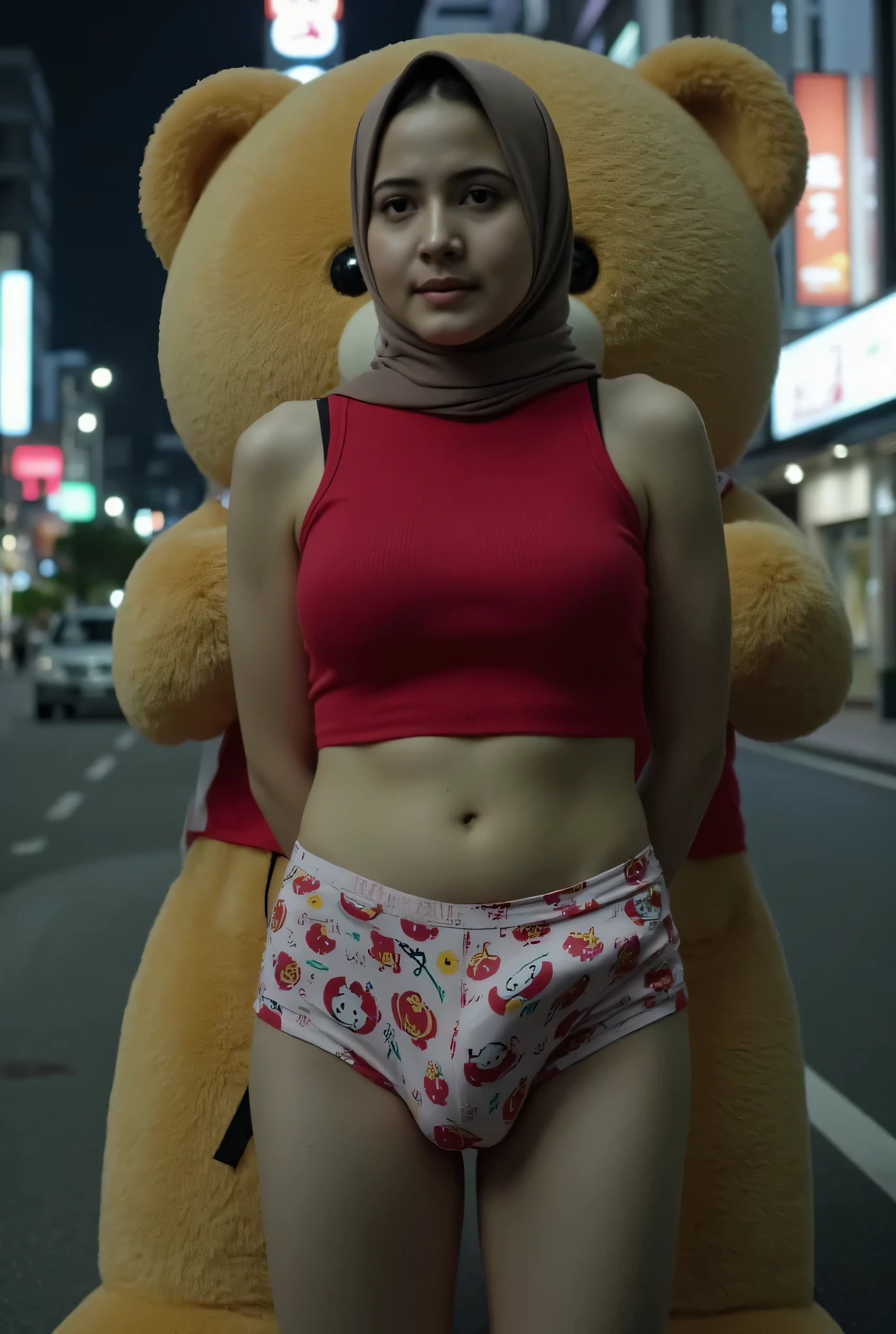 SMALL CUTE MALAY HIJAB GIRL, (realistic, photo-realistic:1.4), (1 FUTUNARI), big breast, wearing red cropped singlet and hello kitty plain panties, hand on hips, ((HEAVY NIPPLES)), (( TRANSPARENT )), ((TEARS)). KEDUA BELAH TANGAN DILETAK DIBELAKANG PUNGGUNG' Futanari long erect penis, background Di tengah Kota Yang sepi Di negara jepun, TEDDY BEAR SANGAT BESAR MEMELUK SAYA DARI ARAH BELAKANG