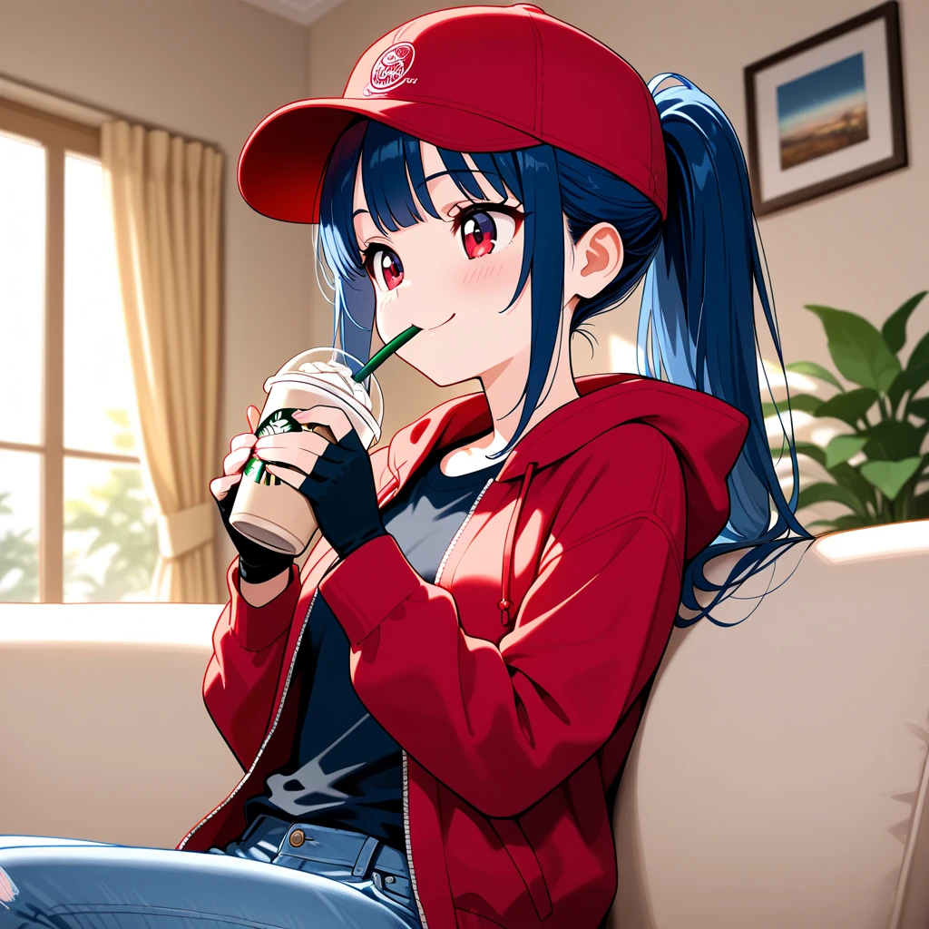 (8k, RAW photo, best quality, masterpiece:1.2), (intricate details), perfect eyes, perfect face, perfect lighting, beautiful, (masterpiece:1.2), (best quality:1.2), 1girl, solo, marinette, blue hair, ((long loosen hair)), adult torso, 17 years old, slight smile, large sized breasts, (short skirt, red navel t-shirt, gap), holding a milkshake, cowboy shot, 3DMM, full body view. seated