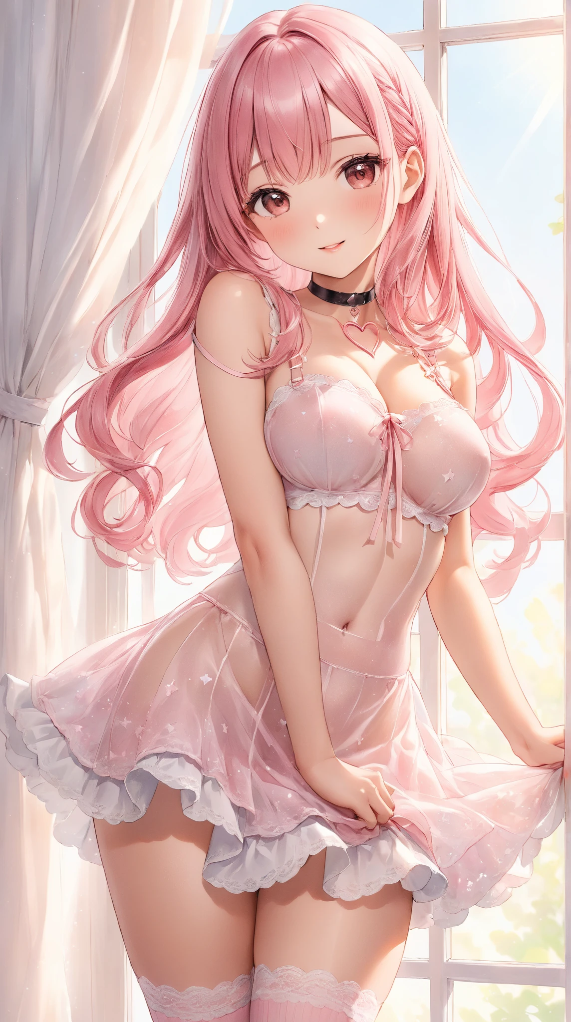ultra realistic girl, only 1 girl, orange and pink ombre background with comic peach fruit theme, green flowing hair, white thongs and matching garter belt, cute white lace underwear, sweet and sexy, seductive look